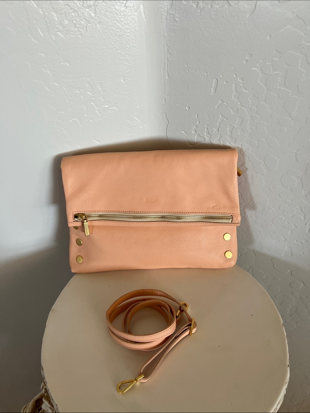 Hammitt Lg VIP Soft Peach Fold-Over Leather Crossbody with Gold Hardware